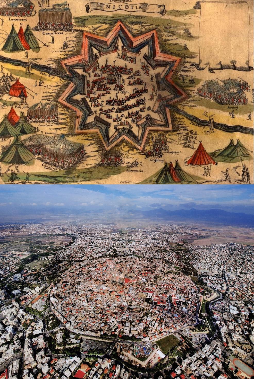 ニコシア キプロス および同じ城壁都市を上空から見た 16 世紀の地図 Walk News