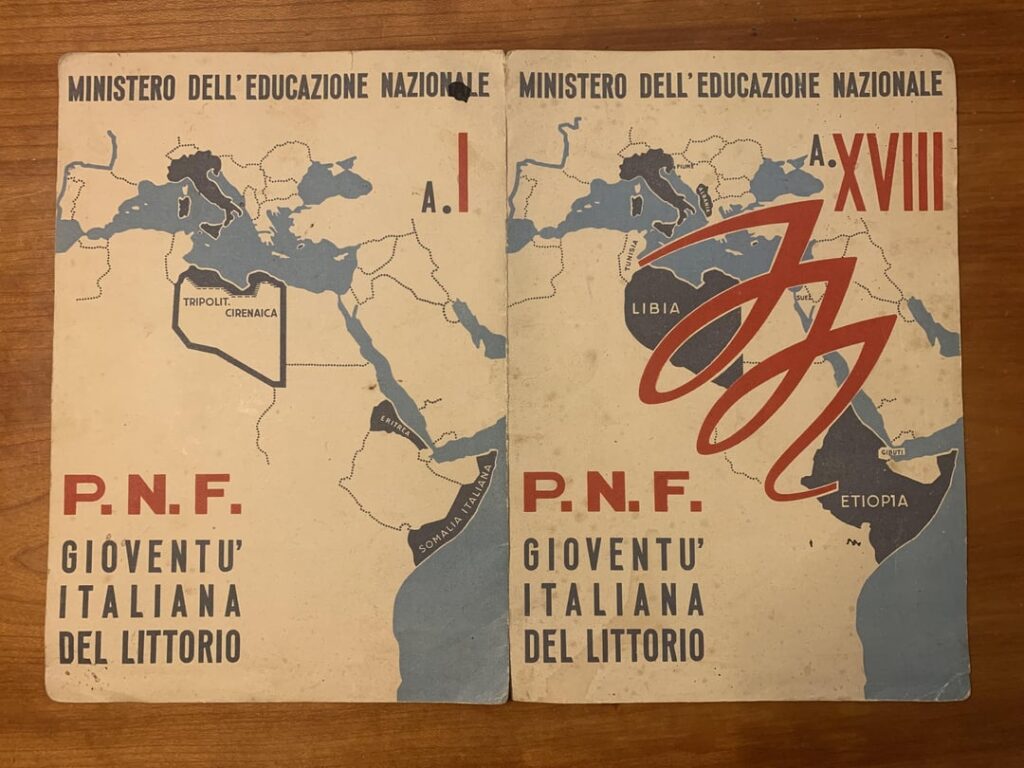 ファシズムと戦争参戦時の小学校の通信簿。  1935年から1940年の期間。