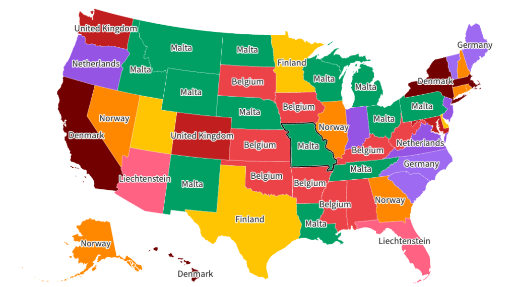 ヨーロッパ諸国と比較した米国の州の生活費 [map]