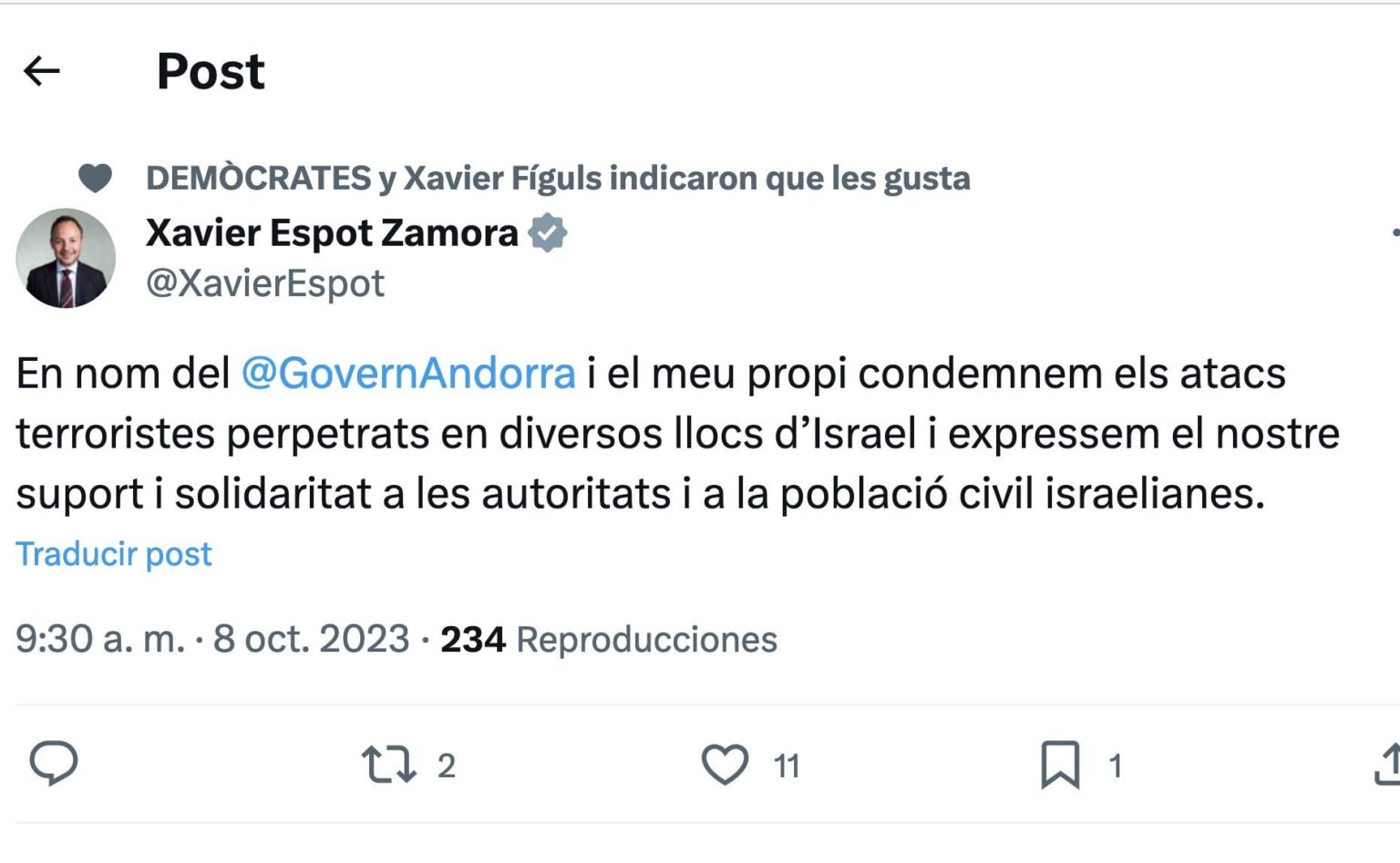 エスポット、アンドラを代表して「イスラエルに対するテロ攻撃」を非難