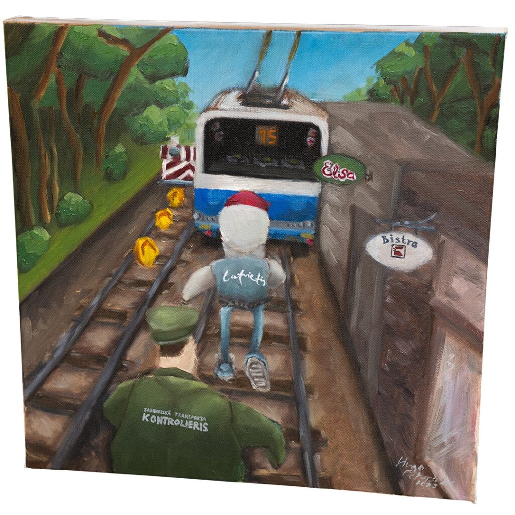 トロリーバス サーファー (2023) 40x40 cm/ キャンバスに油彩。 クルディーガで販売中の不動産。
