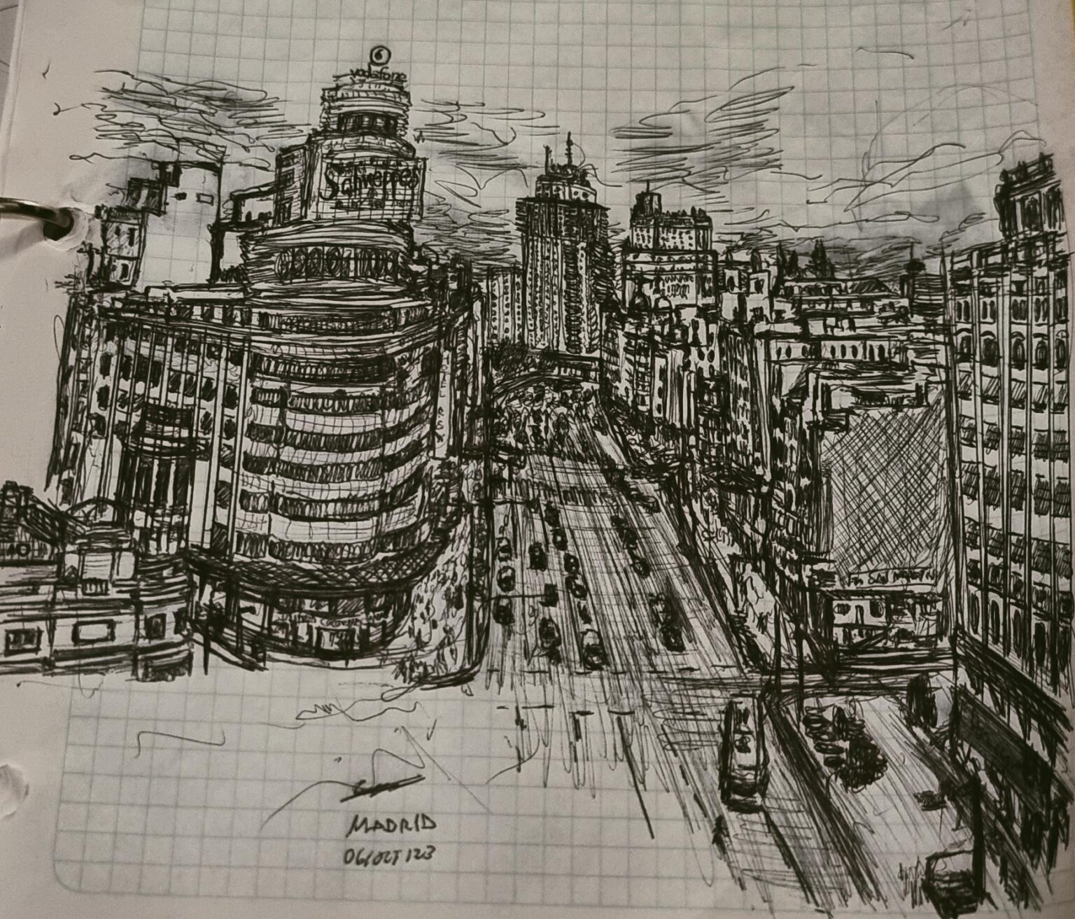 マドリードのグランビア。 フリーハンド描画。