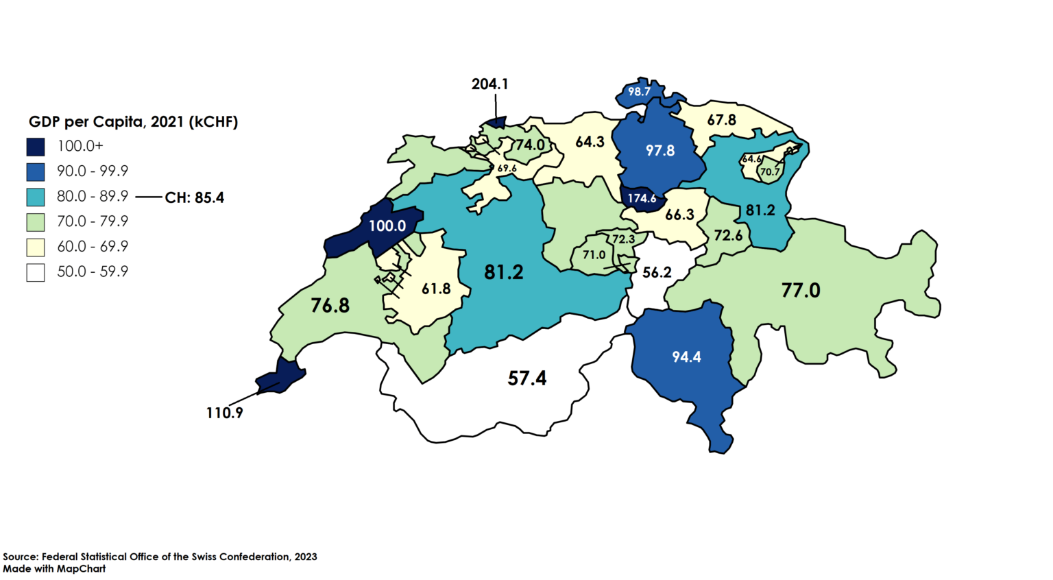 スイスの州の一人当たりGDP (2021)