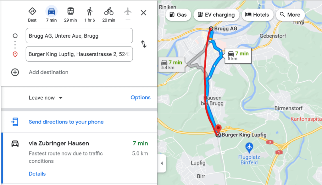 ブルッグの中心部からルプフィグのバーガーキングまで直通の電車がないのはなぜですか? はるかに速いでしょう