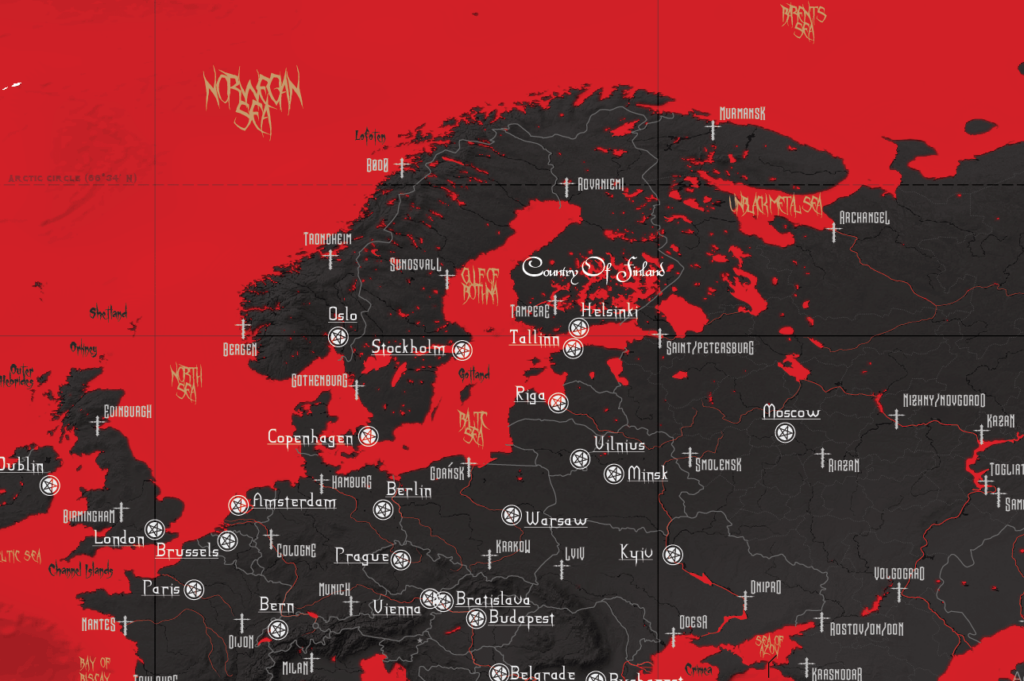 ChildrenOfBodom は、私が作成しているメタル ミュージックの世界地図 (wip) でフィンランドを代表するバンドとして選ばれます。  (可能な場合は) 国ごとに、バンド名の美学に基づいて国名を選択し、帯を付けて書きます。