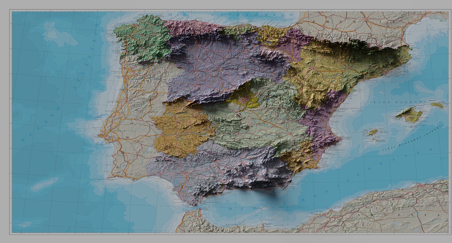スペインの陰影立体地図