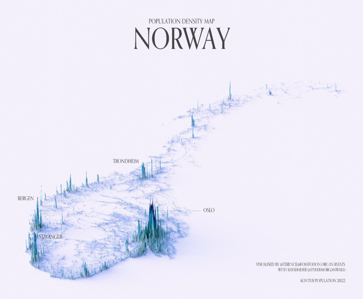 ノルウェーの人口密度地図 (2022)