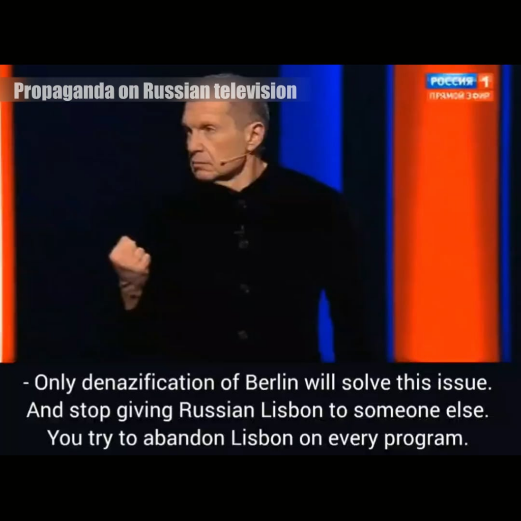 ロシアのテレビのプロパガンダは、ベルリンの「非ナチス化」、リスボンを占領し、さらに米国に向けて進むことについて語る