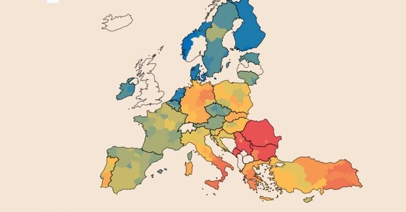 北はオンライン バンキング、南は現金: お金とウェブとの関係を示すヨーロッパの地図