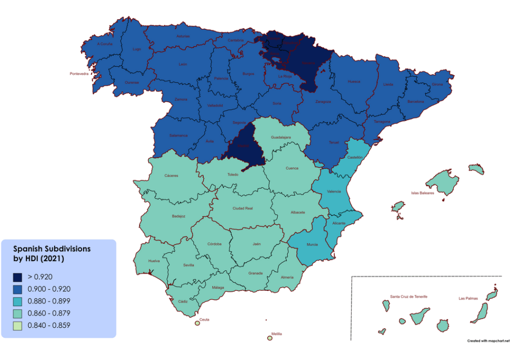 HDI および 1 人当たり GDP によるスペインの下位区分 - 2021