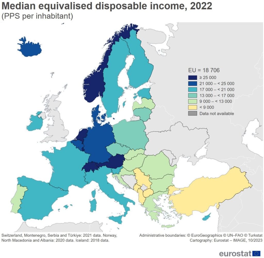 EUの国別年間可処分所得中央値