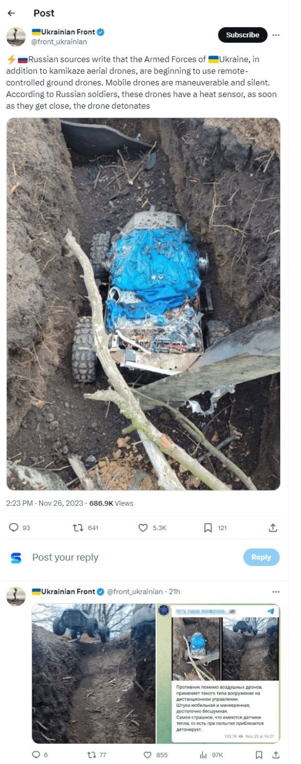 ウクライナ軍、神風特攻機能を備えた静音・熱感知地上無人機を配備、ロシア情報筋報告書