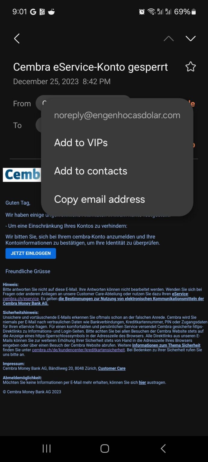 Cembra Money Bank 詐欺メールは非常によくできています