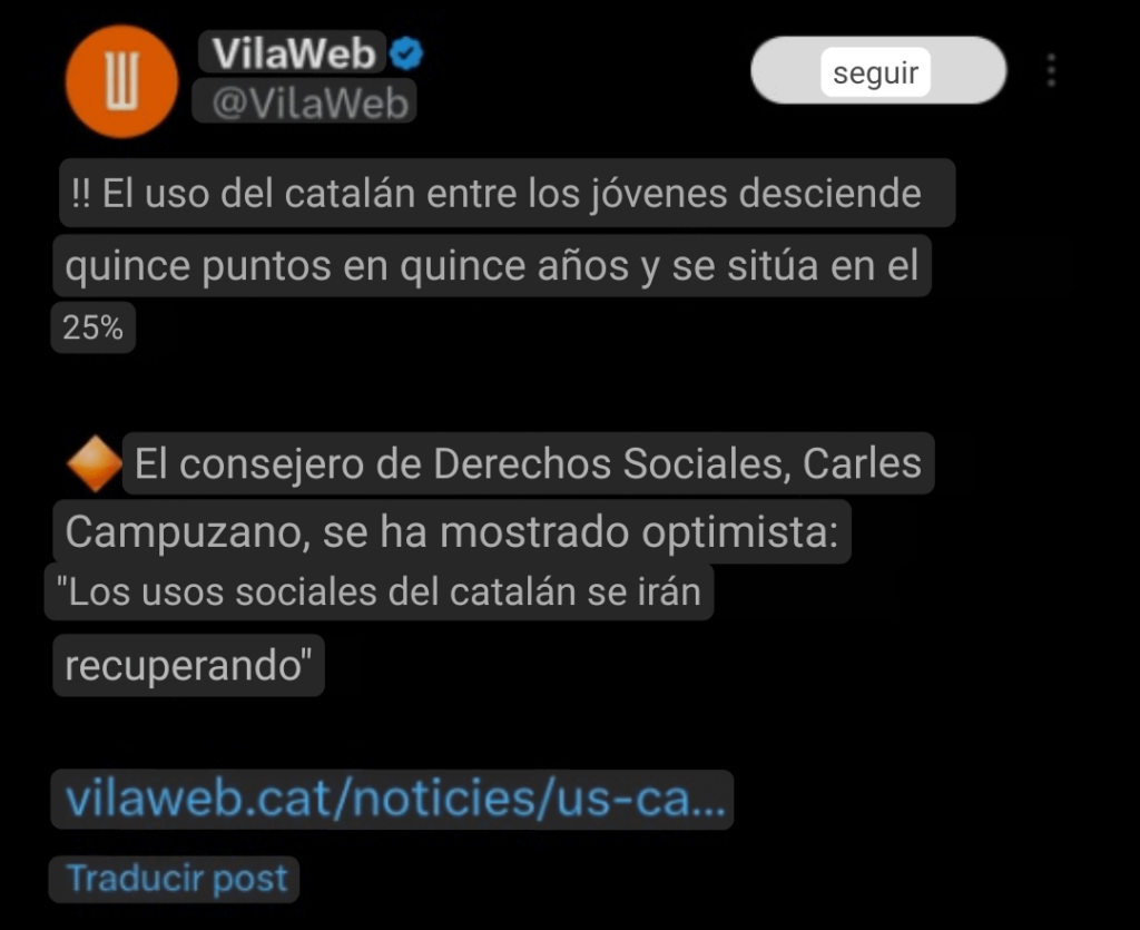 2007 年にはカタルーニャ人の若者の 45% がカタルーニャ語を第一言語として使用していましたが、その数は 16 年間でわずか 25% に減少しました。