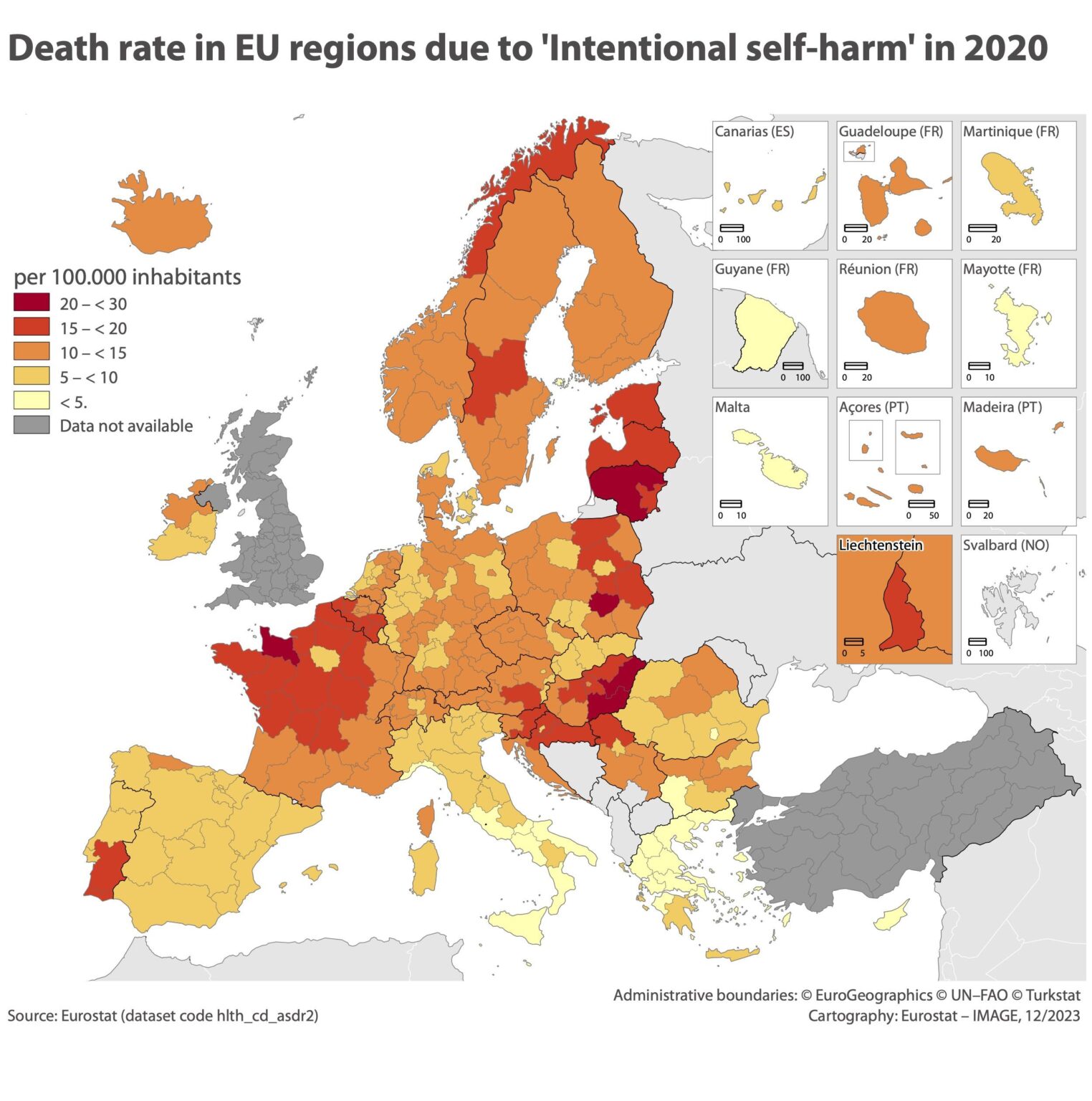 EU 地域における自殺による死亡率 (住民 100,000 人当たり) (2020 年)