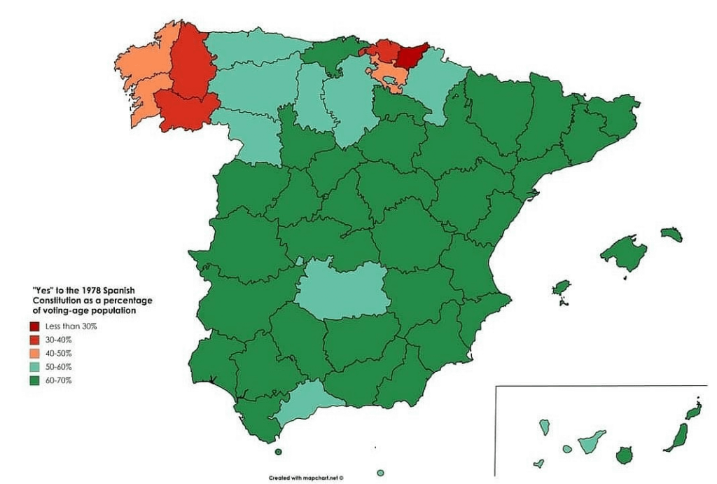選挙権年齢人口に占める 1978 年のスペイン憲法への賛成の割合