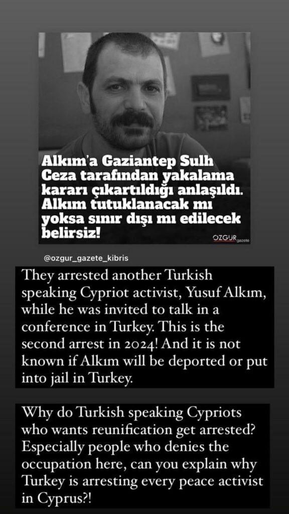 キプロスの統一を求めたという理由だけで、またトルコ語を話すキプロス人がトルコで逮捕された