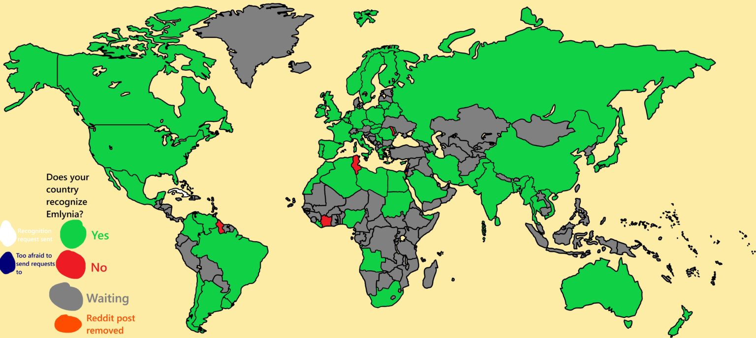 こんにちは、私は米国でエムリニアと呼ばれるミクロネーションを立ち上げました。私たちを承認するために、すべての国から少なくとも過半数（たとえ 1 人でも）の投票を得ようとしています。私たちを承認する必要はありません。オプション。 これは強制承認ではありません。 これまでの進捗状況は次のとおりです。