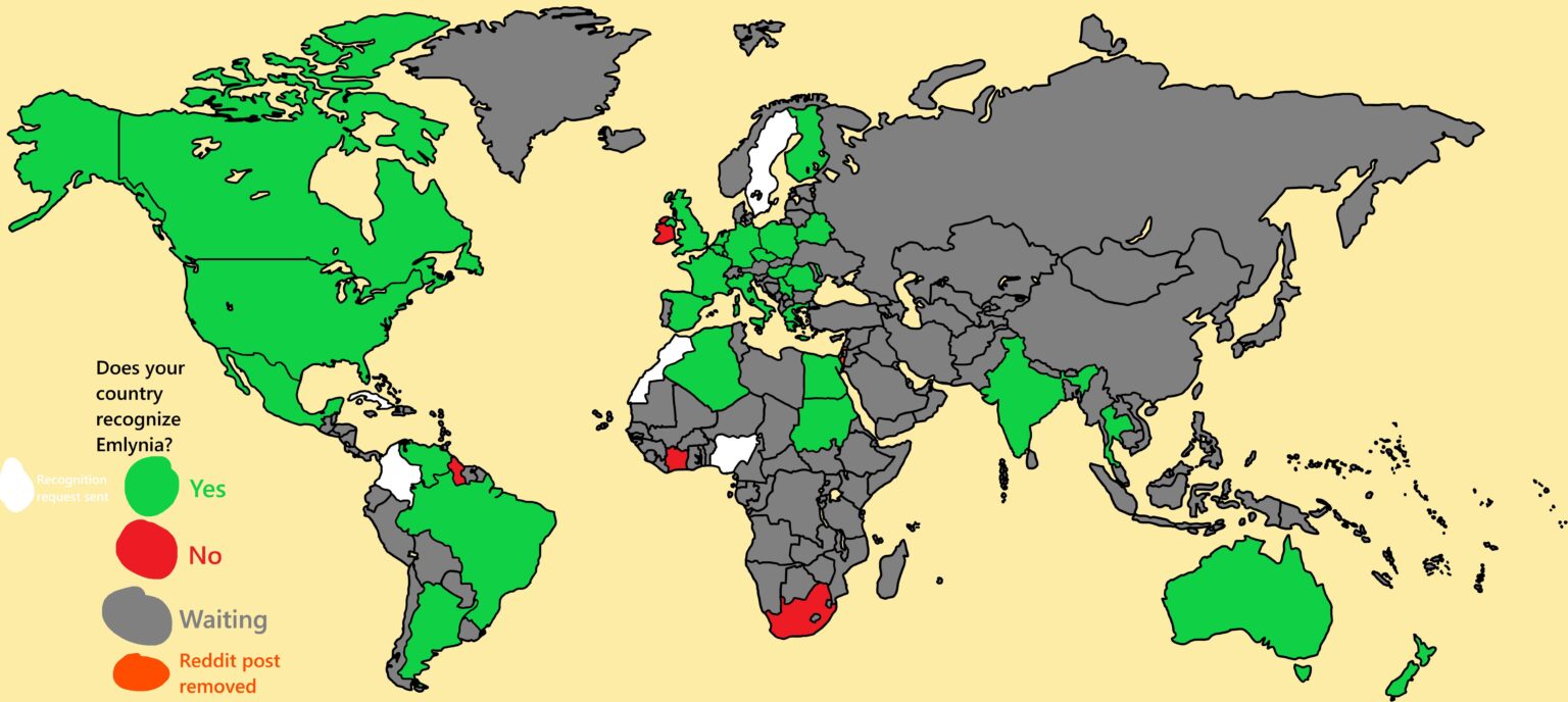 こんにちは、私はエムリニアというミクロネーションを米国で始めました。各国から少なくとも 1 人に私たちを認めてもらおうとしています。私たちを認める必要はありません。選択肢はあります。 これは強制承認ではありません。 これまでの進捗状況は次のとおりです。 次はノルウェー？