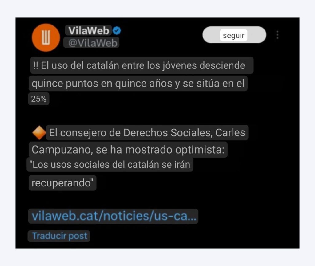 2007 年にはカタルーニャ人の若者の 45% がカタルーニャ語を第一言語として使用していましたが、その数は 16 年間でわずか 25% に減少しました。