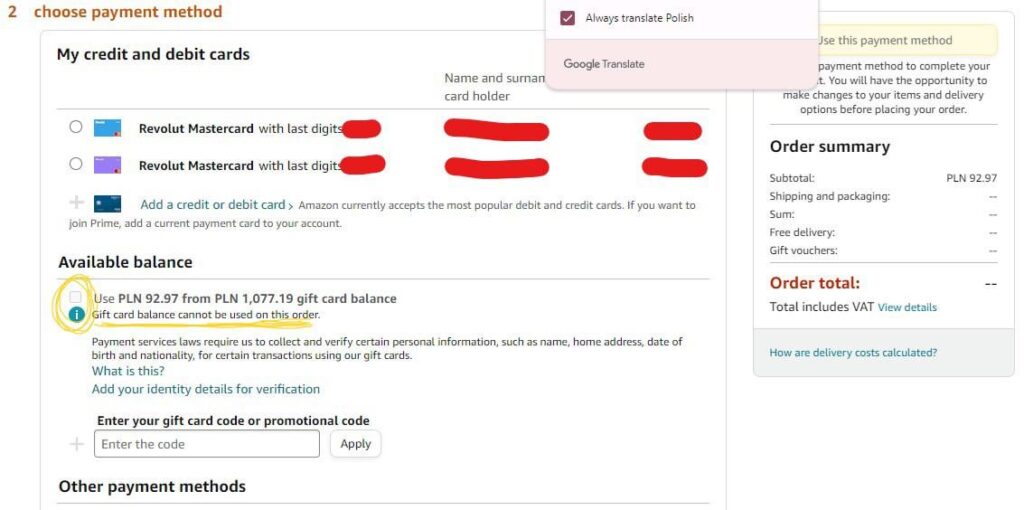 皆さん、助けてください - Amazon ギフトカードの残高がありますが、一部の注文ではギフトカードが機能しません