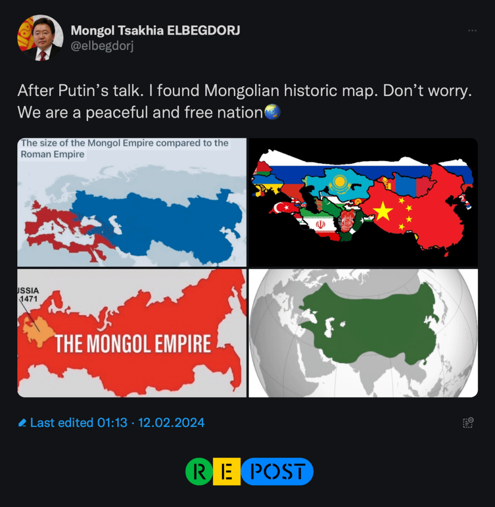 モンゴルの元大統領は、現代ロシアの領土はすべてチンギス・ハーンの子孫のものであるべきだと思い出させるために、自国の歴史地図を投稿した