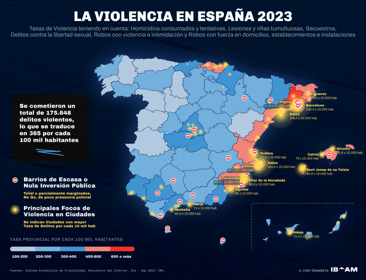 スペインで最も暴力的な州と都市、住民1人当たりの犯罪件数2023年