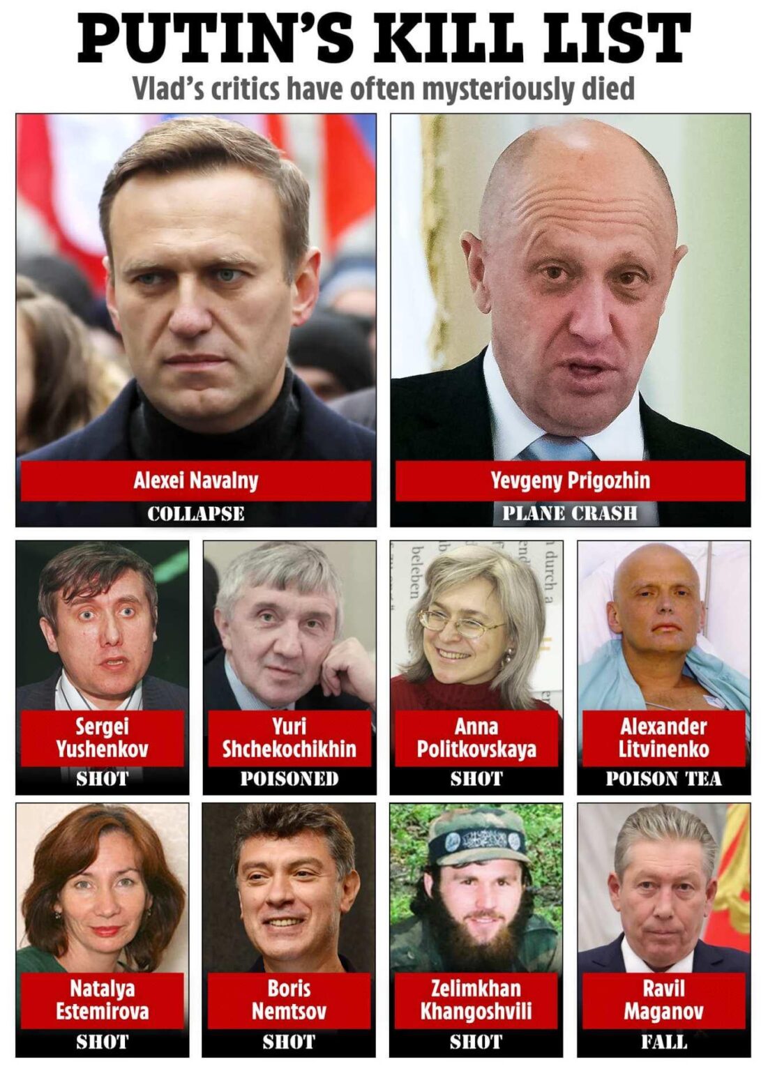 プーチン大統領の殺害リストにある潜在的に数百人の標的のうち10人。 これらは全員、一線を越え、真実を語ったために殺害されました。