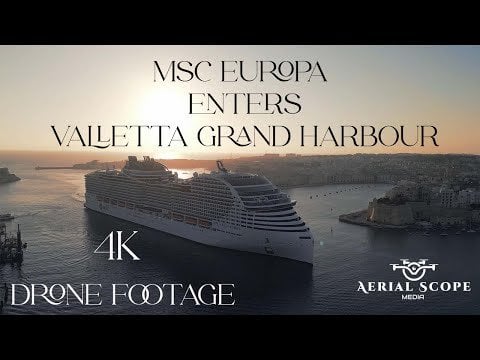 MSC ワールド ヨーロッパがバレッタ グランド ハーバーに入場 4K ドローン映像