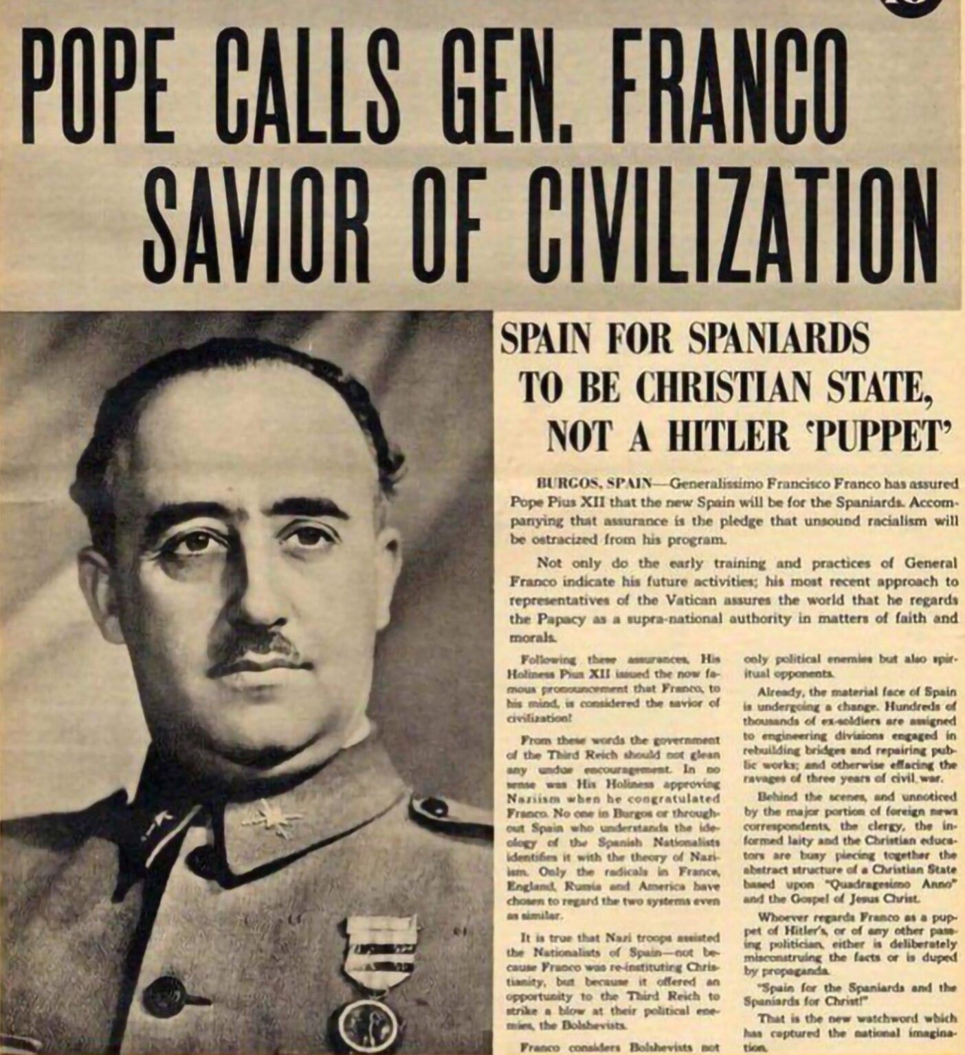 「教皇、フランコ将軍を文明の救世主と呼ぶ」―教皇ピウス12世のフランシスコ・フランコ祝賀を報じた「ソーシャル・ジャスティス」紙（1939年5月1日）の表紙記事。