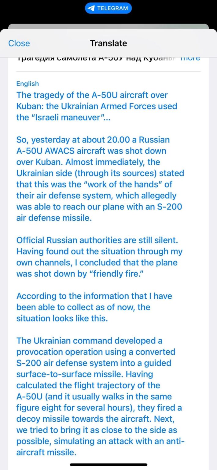 A-50撃墜に関するロシアン・テレグラムの見解。 この説明は、偶発的な同士討ち事件であるかのように見せようとしているが、最終的にはウクライナがウクライナの物語よりもさらに独創的であることを示している。 興味深い理論ですが、どちらにしても飛行機は墜落しています。