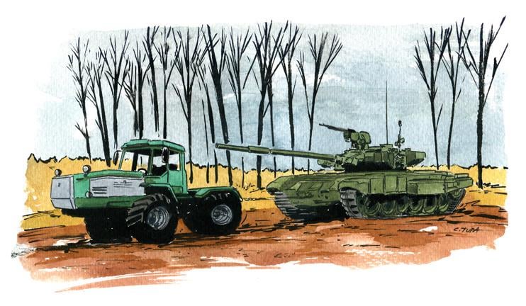 鹵獲されたロシア製 T90 を搭載したウクライナのトラクターの絵画