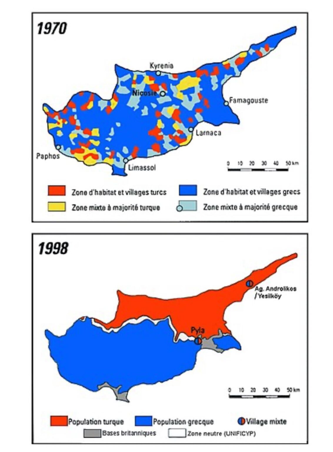 キプロスにおけるギリシャ系キプロス人とトルコ系キプロス人の年間分布。  （地図）