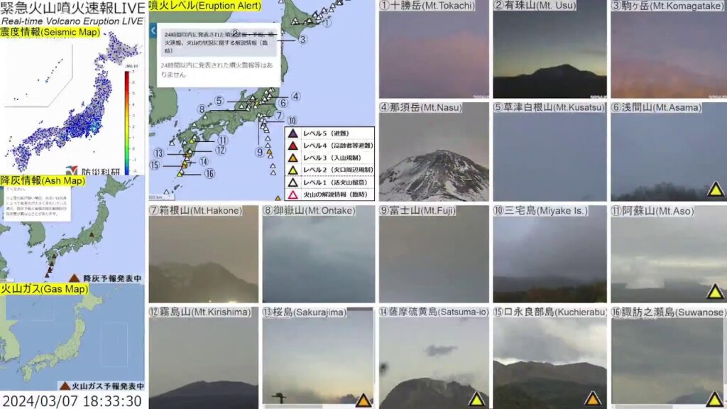 🔴緊急火山噴火速報ライブ The Real-time Volcano Eruption Alert in Japan