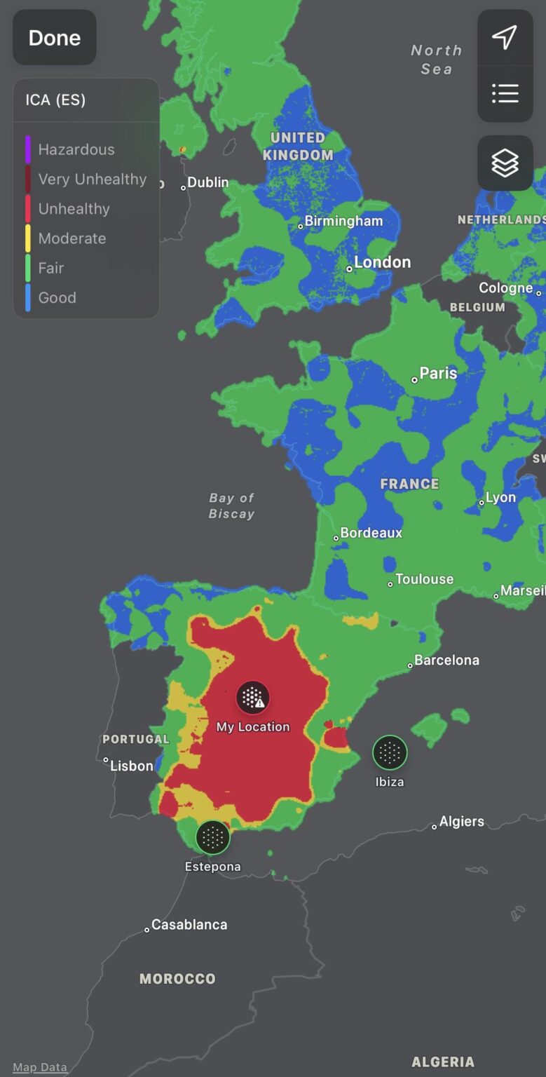 今日のスペイン中部の大気汚染