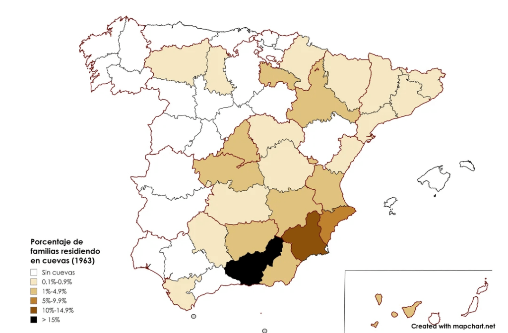 洞窟に住んでいるスペイン人の人口の割合 (1963 年)