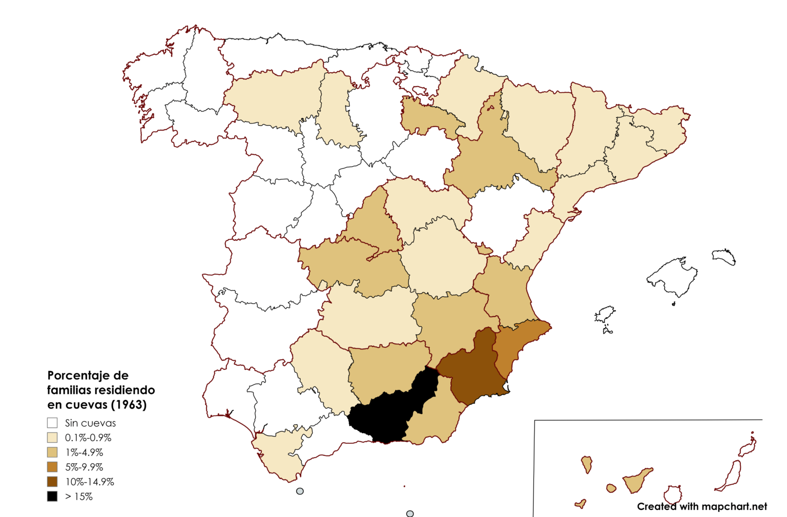 1963 年の洞窟または洞窟住居に住んでいる家族の割合 (出典: Castro-Urdiales、1987)