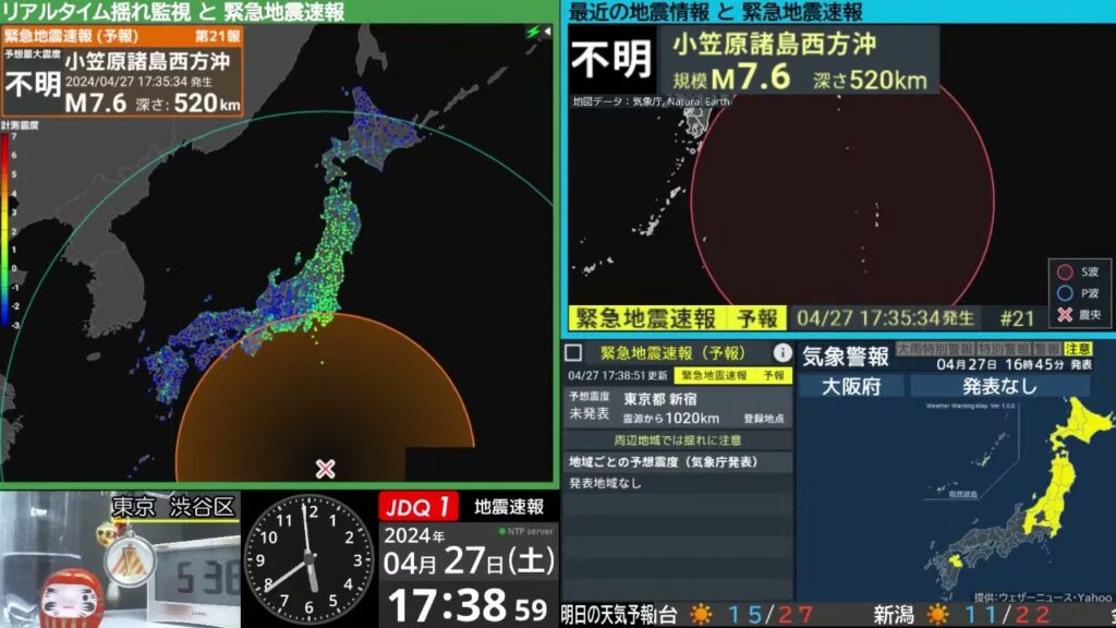 【深発地震】小笠原諸島西方沖　震度３　M6.9（2024/4/27 17:35ごろ　切り抜きアーカイブ）