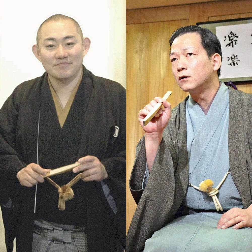 佐ん吉（右）は米朝一門ならではの端正さに、華やかさを加えた話芸が持ち味だ。ワイドショーのリポーターでも活躍した先代の没後に２代目を襲名した夢丸（左）は、落語家になりたくて故郷の新潟から米袋を担いで上京して師匠宅に突撃した。２人とも２００１年の入門で芸歴２４年を迎えた