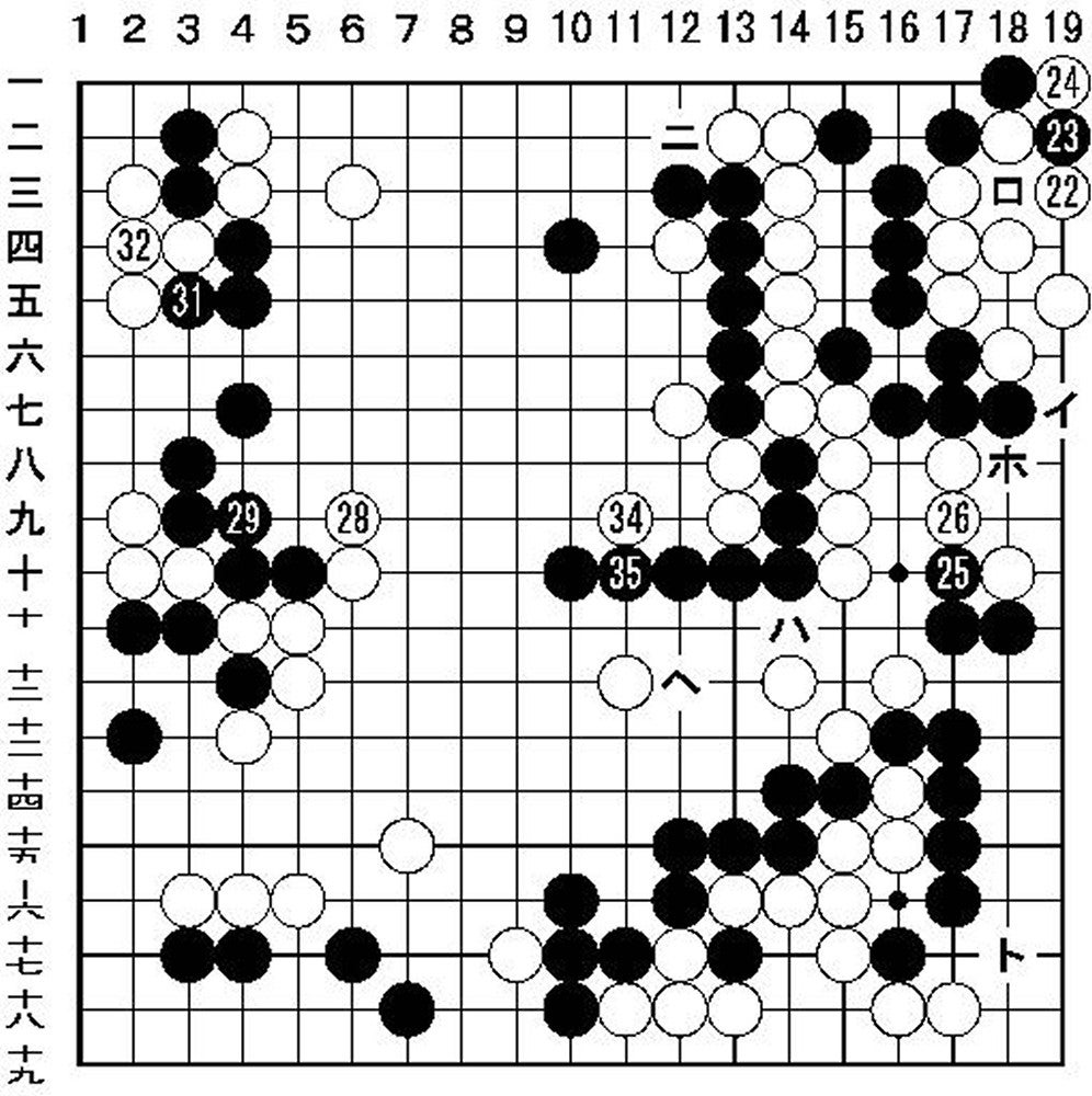 黒２７コウ取る（２３）、白３０同（２４）、黒３３同（２３）、白３６同（２４）