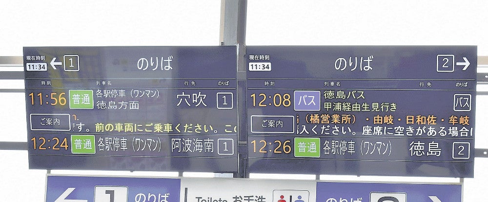 ＪＲ阿南駅の案内板には列車とバスの行き先が表示されている（いずれも徳島県阿南市で）