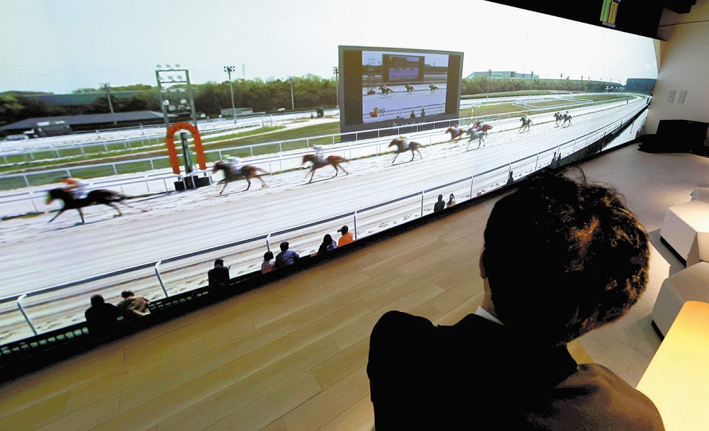 横１５メートルの大型モニターにはレース中の馬群の様子が切れ目なく映し出される＝菅野靖撮影