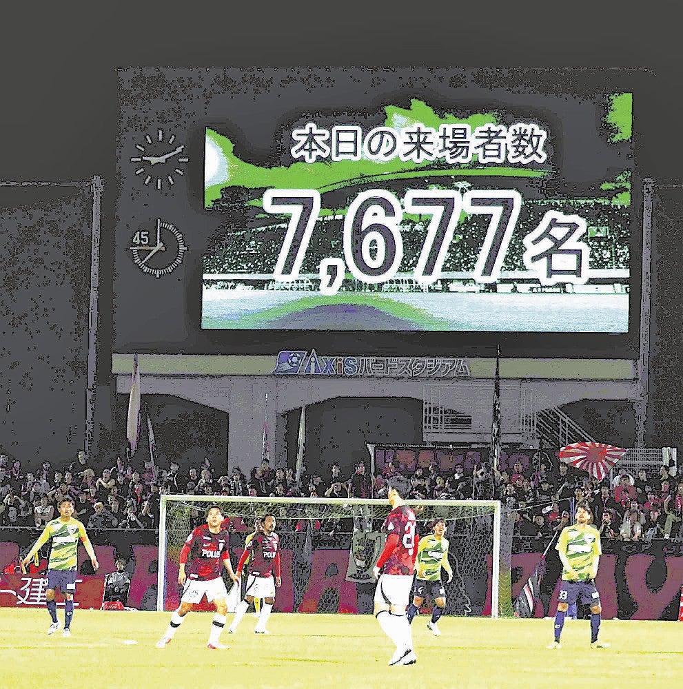 ７６７７人が詰めかけたスタジアム。大型ビジョン下の浦和サポーターは迫力ある応援を見せつけた（鳥取市で）