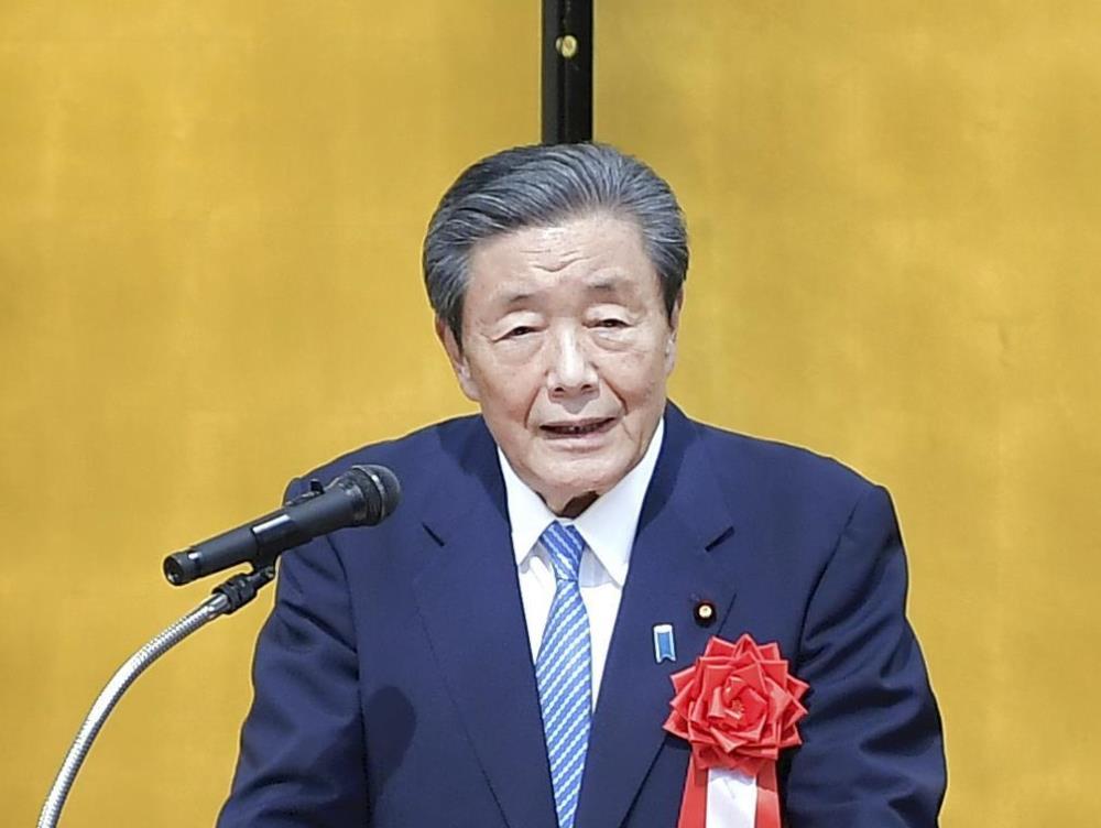 派閥のパーティーであいさつする森山会長（２０２３年５月）