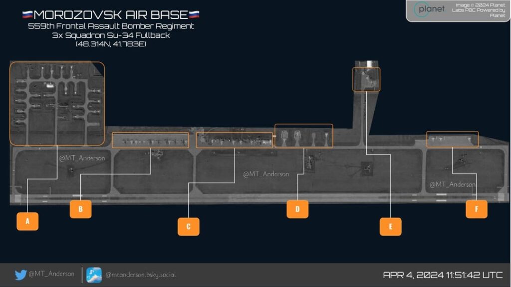 ウクライナ軍は一夜にしてモロゾフスク空軍基地に対して無人機攻撃を実施し、その結果ロシア戦闘機6機が破壊されたと伝えられている。 これらのSu-34は最近、UMPK搭載の500kg爆弾を搭載していることがロシア国防省ニュースによって示された。  OPSEC の不備により航空機に 2 億 1,600 万ドルの損失。