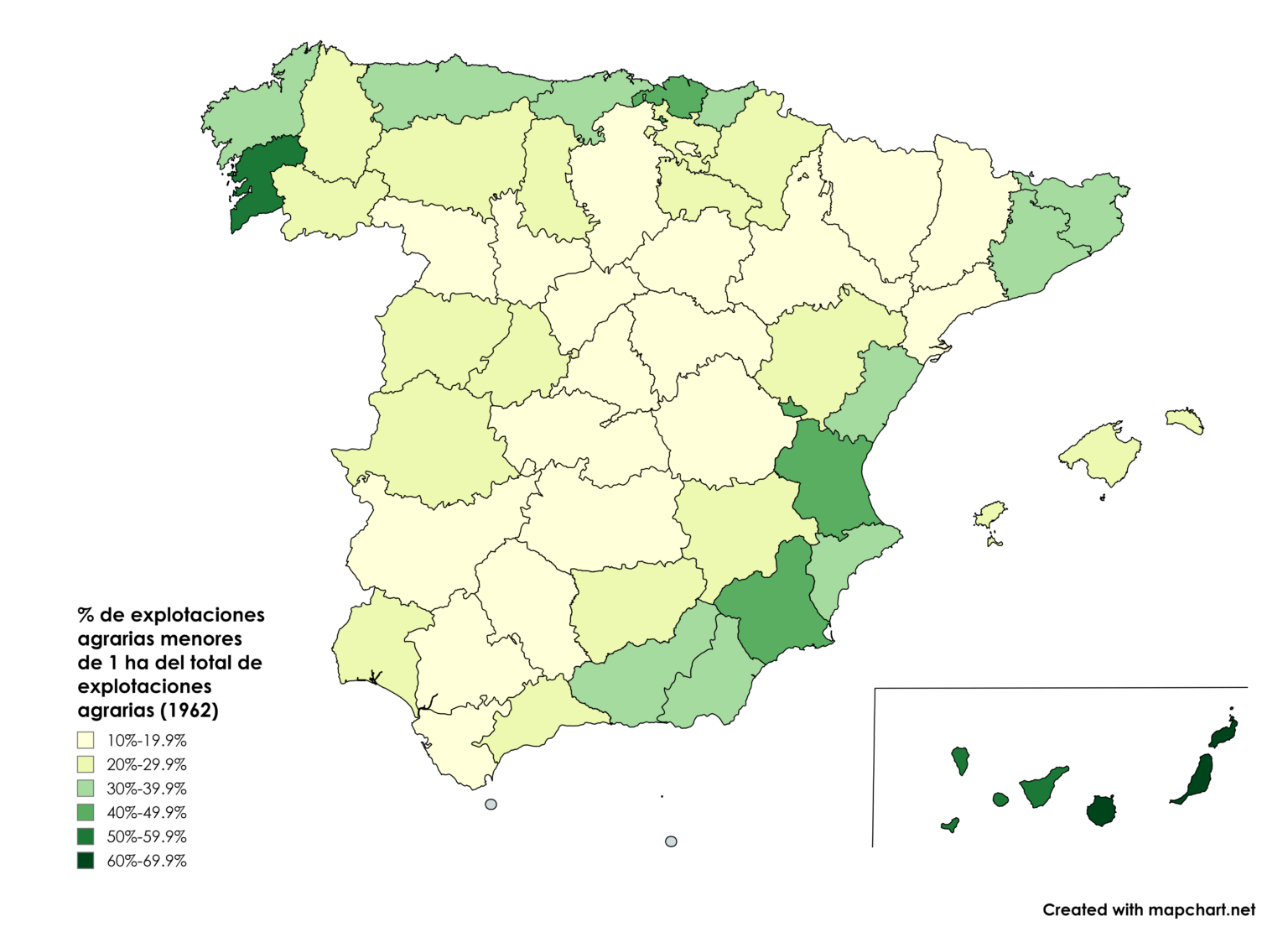 農業保有総数に対する 1 ヘクタール未満の農業保有の割合 (1962 年) 出典: INE、スペインの第 1 回農業国勢調査。  1962 年