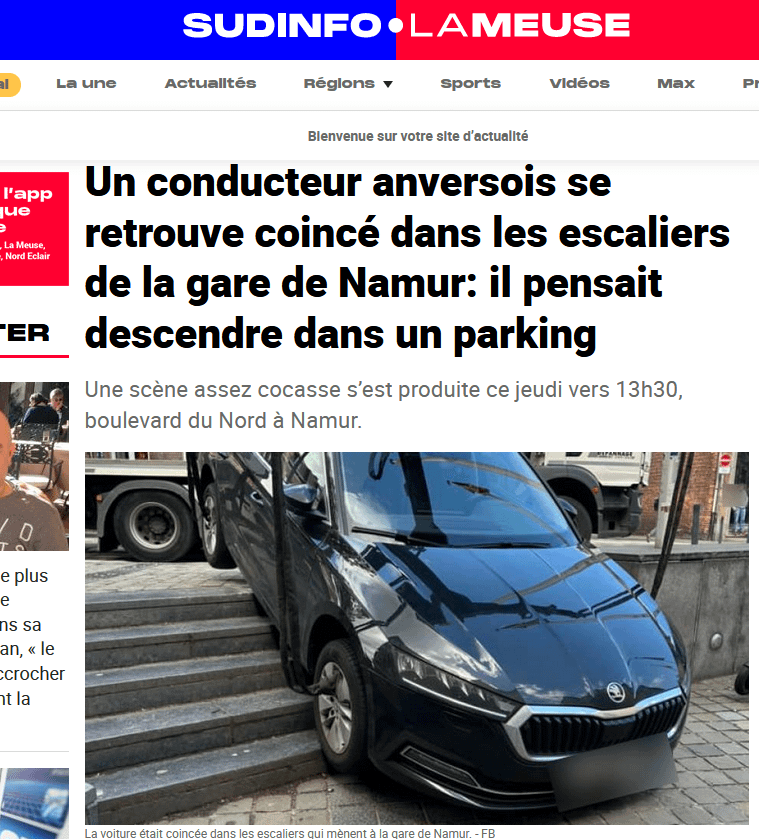アントワープの運転手がナミュール駅の階段で立ち往生し、駐車場だと思った。