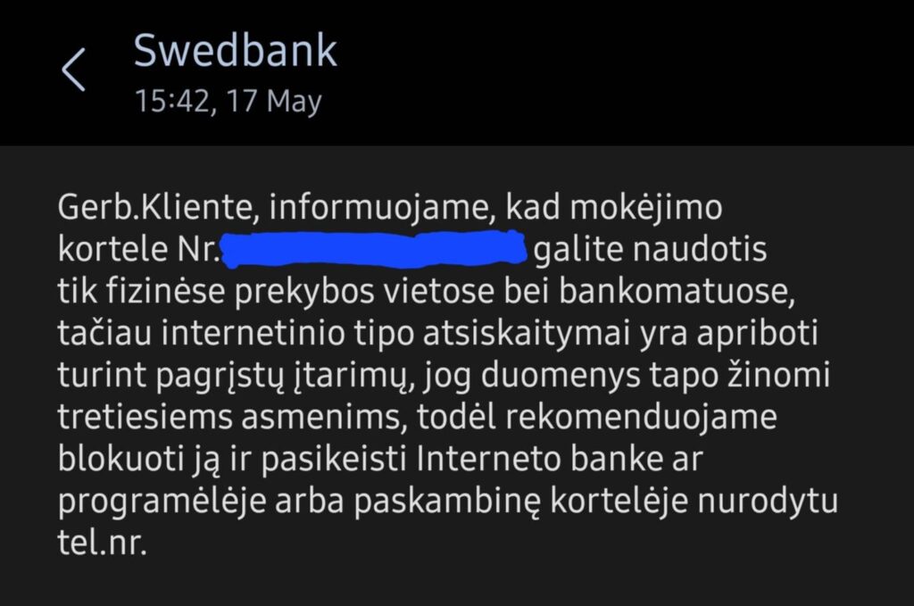 カードデータの漏洩に関するスウェドバンクからの通知