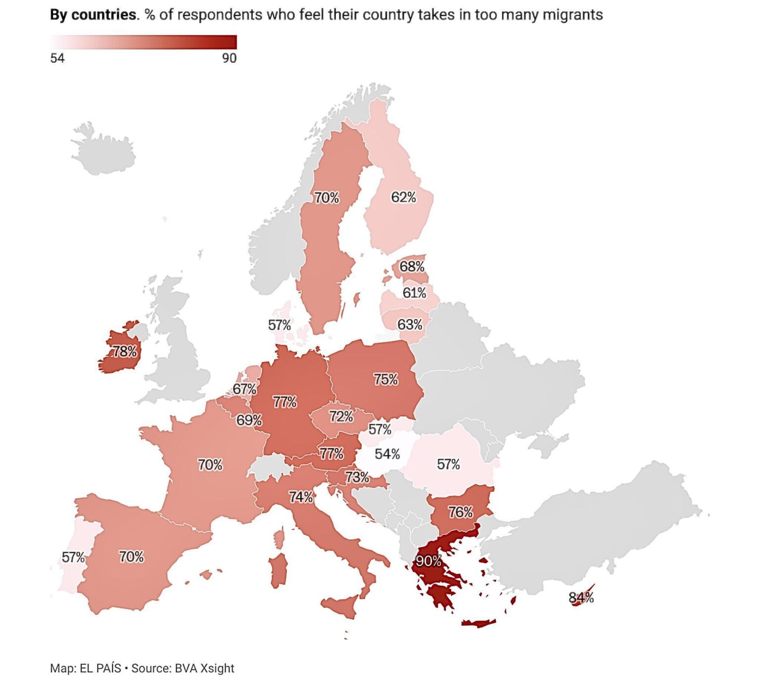 ヨーロッパ (🇪🇺): 自分の国が移民を受け入れすぎていると感じている回答者の割合