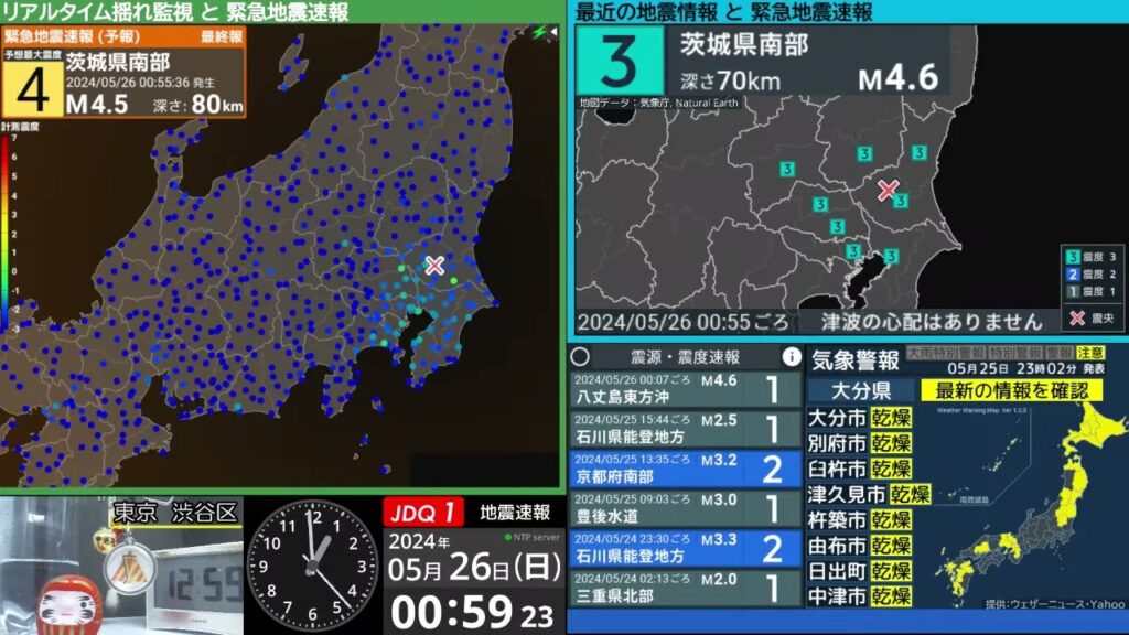 【地震】茨城県南部　震度３　M4.6（2024/5/26 0:55ごろ　切り抜きアーカイブ）